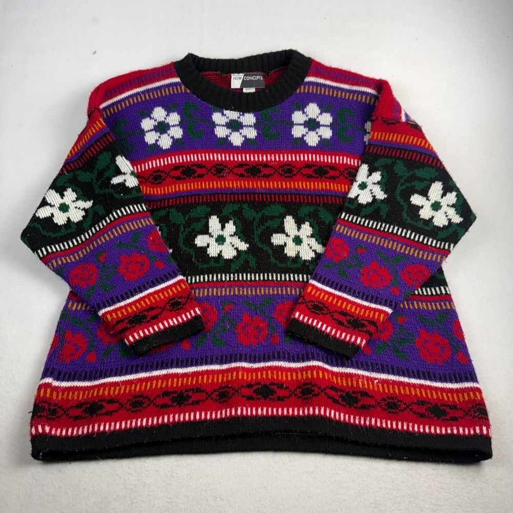 Vintage New Concepts Floral Fair‎ Isle Knit Sweater Multi-Color Made in USA L